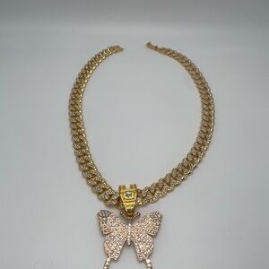 Gold Necklace with Butterfly Pendant and Crystals